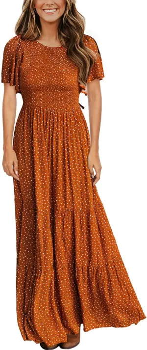 Kranda Women Summer Dress Round Neck Flutter Short Sleeve Smocked Ruffle Tiered Floral Maxi Dress 2024