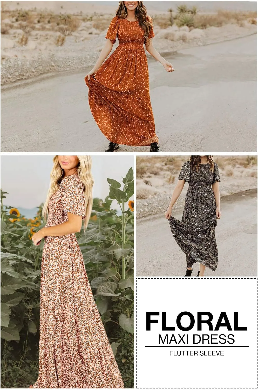Kranda Women Summer Dress Round Neck Flutter Short Sleeve Smocked Ruffle Tiered Floral Maxi Dress 2024