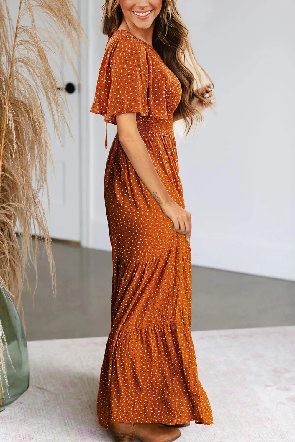 Kranda Women Summer Dress Round Neck Flutter Short Sleeve Smocked Ruffle Tiered Floral Maxi Dress 2024