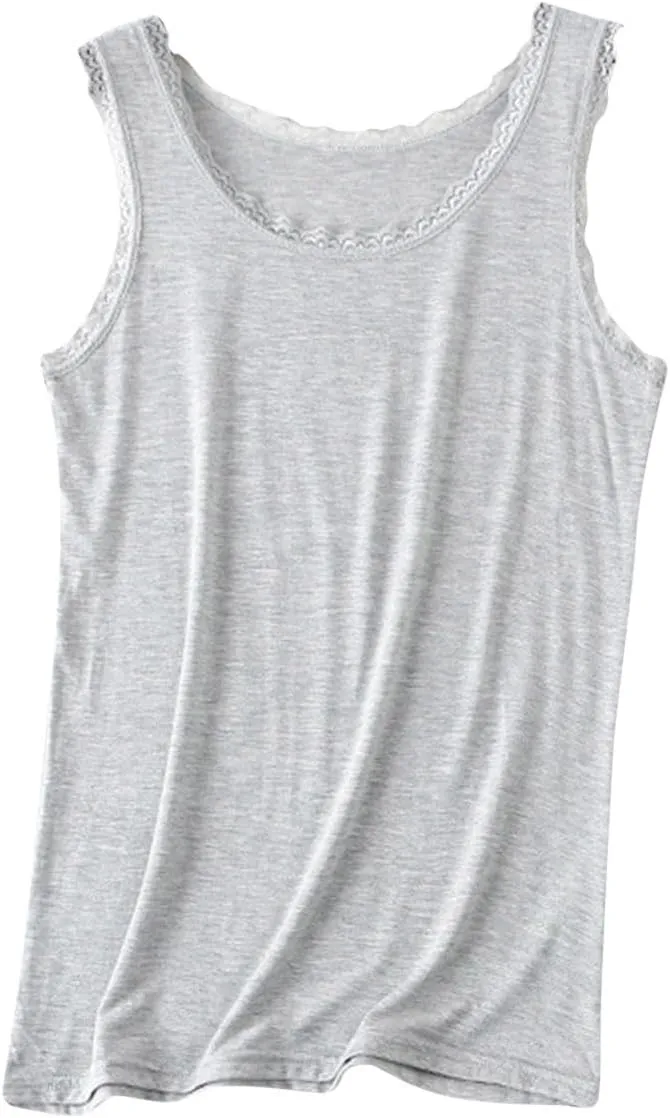 Lace Tank Tops for Women Plus Size Stretchy Sleeveless Undershirts Summer Blouse Lace Trim Tunic Tank Top