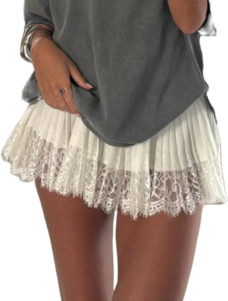Lace Trim Mini Skirts for Women Flowy Ruffle Short Skirt Pleated Half Slip Skirt Y2k Layered Skirt Streetwear