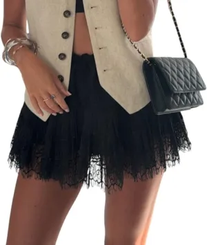 Lace Trim Mini Skirts for Women Flowy Ruffle Short Skirt Pleated Half Slip Skirt Y2k Layered Skirt Streetwear