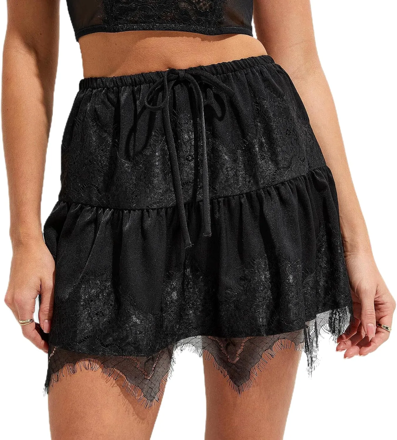 Lace Trim Mini Skirts for Women Flowy Ruffle Short Skirt Pleated Half Slip Skirt Y2k Layered Skirt Streetwear