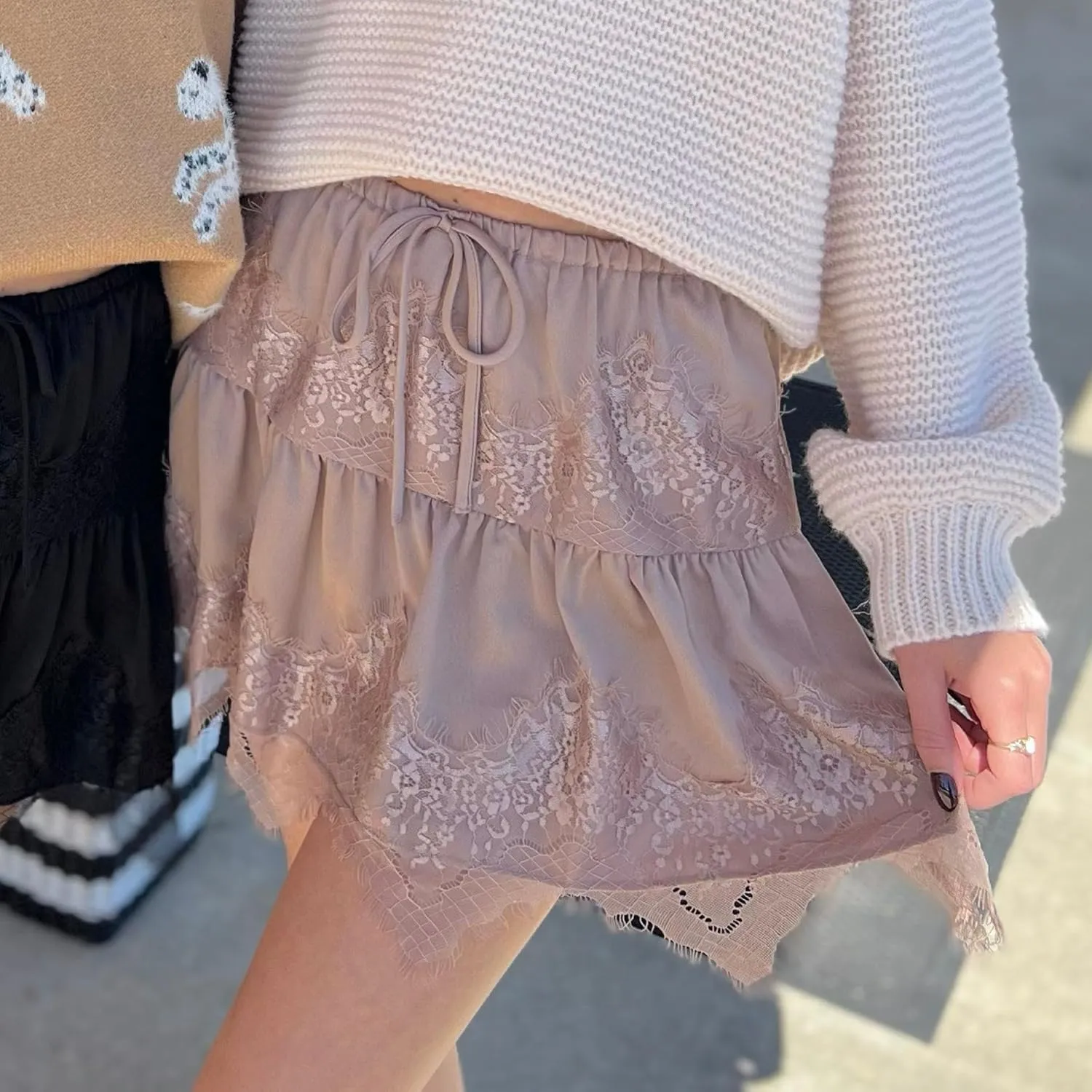 Lace Trim Mini Skirts for Women Flowy Ruffle Short Skirt Pleated Half Slip Skirt Y2k Layered Skirt Streetwear