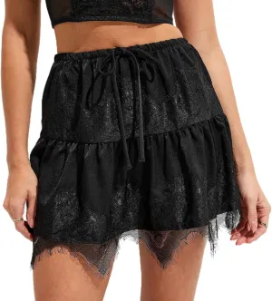 Lace Trim Mini Skirts for Women Flowy Ruffle Short Skirt Pleated Half Slip Skirt Y2k Layered Skirt Streetwear