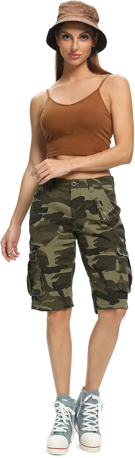 Lanesra Women's Bermuda Cargo Shorts,Multi-Pockets Camouflage Casual Shorts