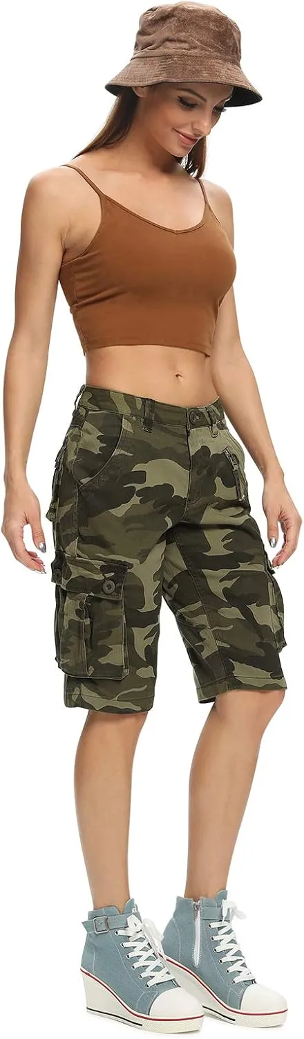 Lanesra Women's Bermuda Cargo Shorts,Multi-Pockets Camouflage Casual Shorts