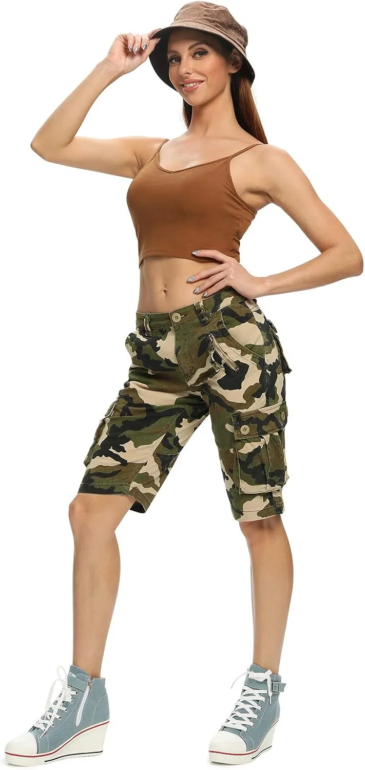 Lanesra Women's Bermuda Cargo Shorts,Multi-Pockets Camouflage Casual Shorts