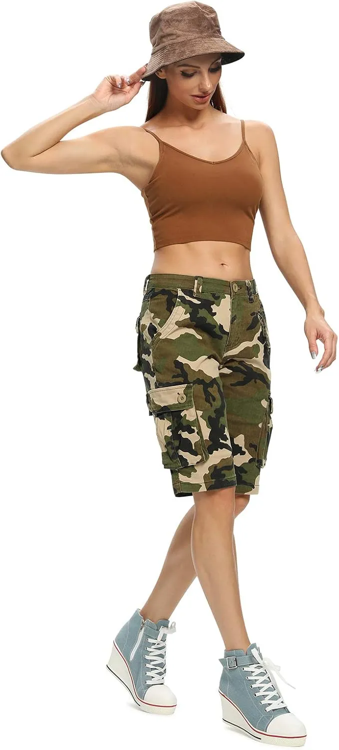 Lanesra Women's Bermuda Cargo Shorts,Multi-Pockets Camouflage Casual Shorts