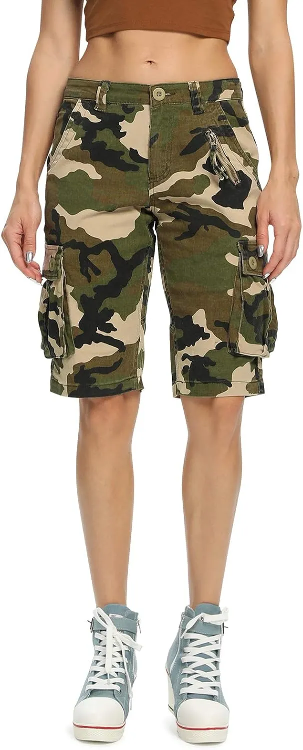 Lanesra Women's Bermuda Cargo Shorts,Multi-Pockets Camouflage Casual Shorts