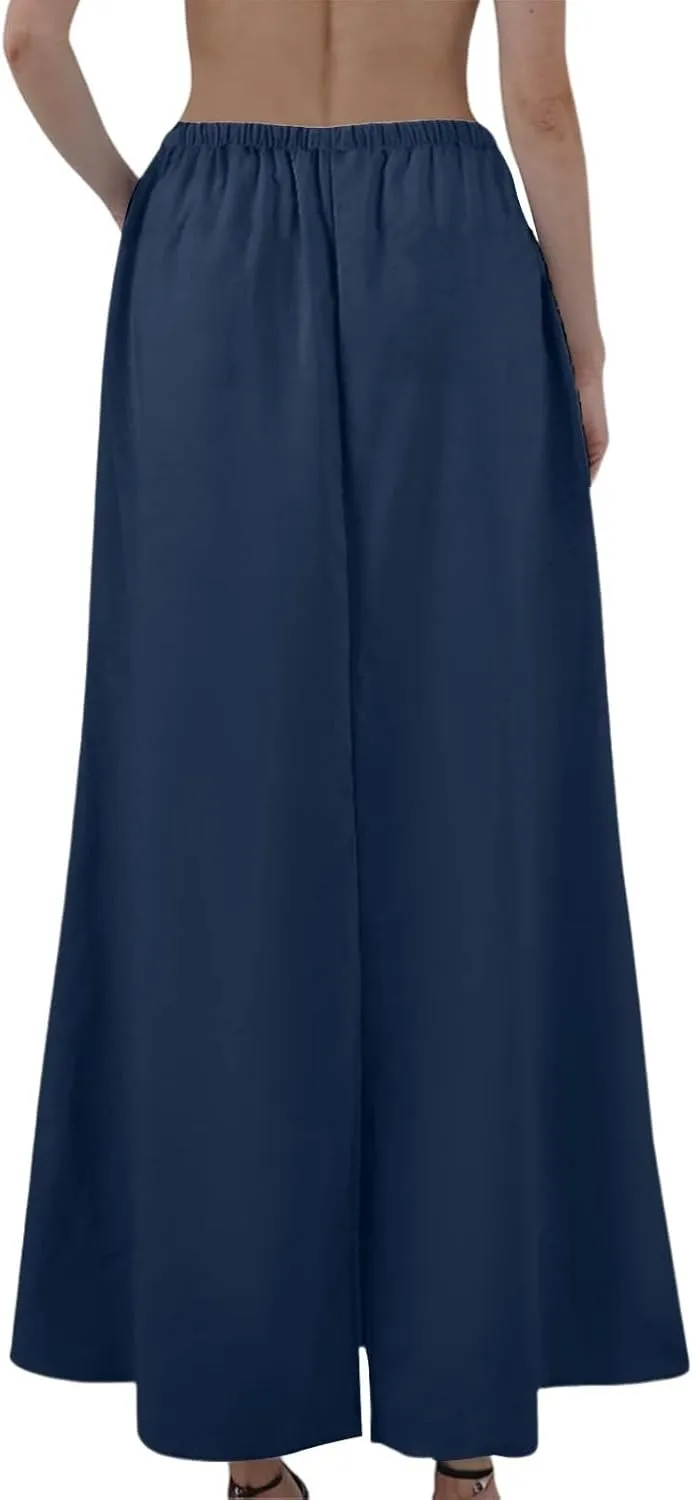 Linen Flared Maxi Skirt with Back Slit Elastic Waist Drawstring Long Flowy Beach Vaction Ankle-Length Skirt