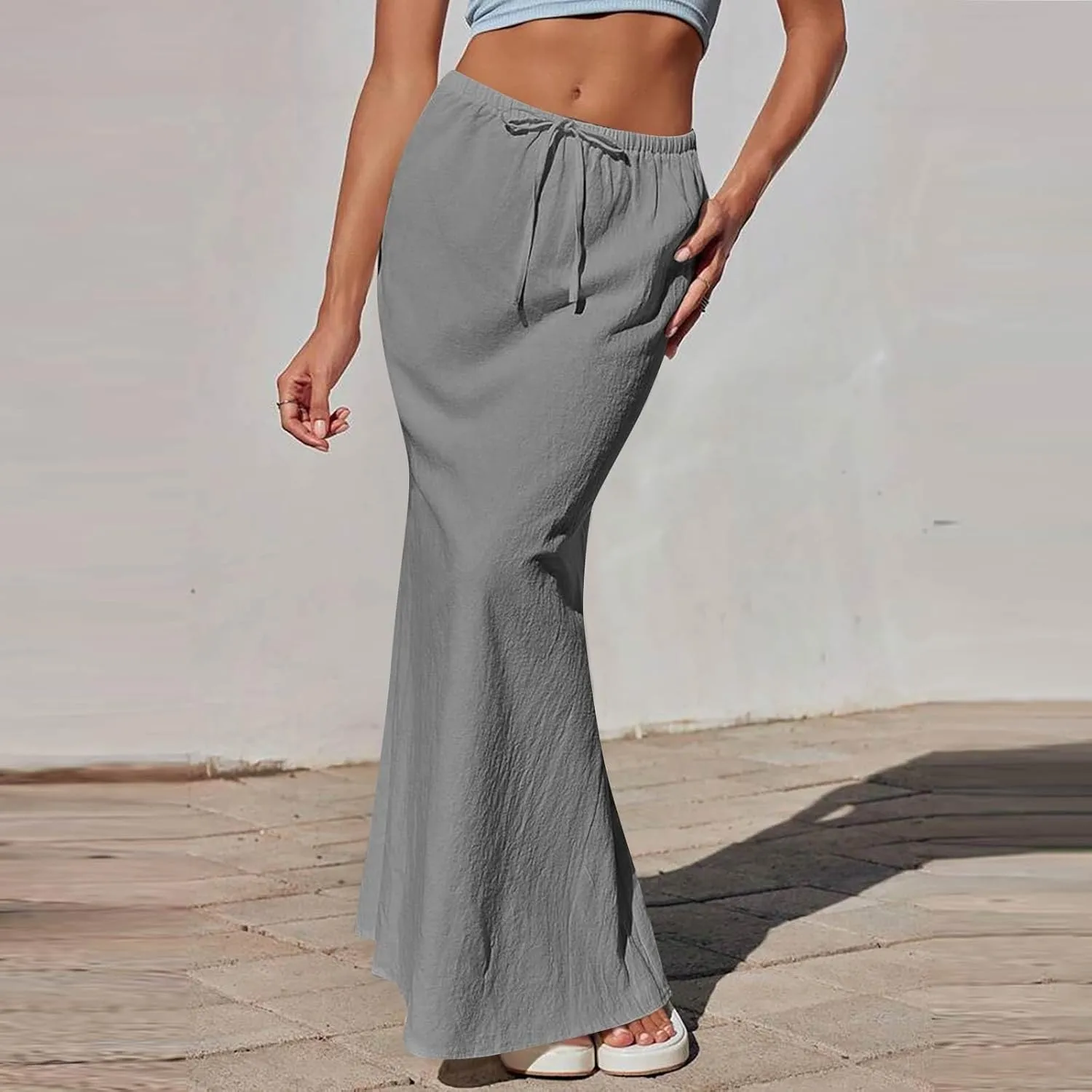Linen Flared Maxi Skirt with Back Slit Elastic Waist Drawstring Long Flowy Beach Vaction Ankle-Length Skirt