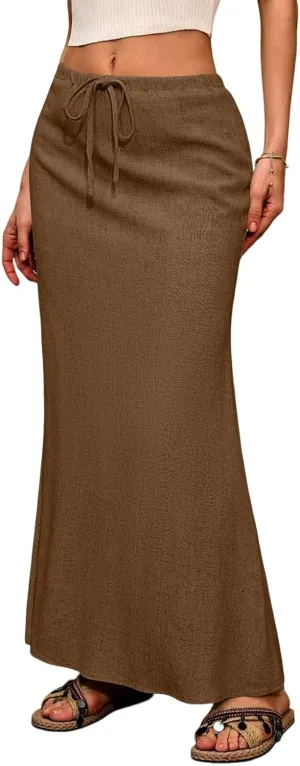 Linen Flared Maxi Skirt with Back Slit Elastic Waist Drawstring Long Flowy Beach Vaction Ankle-Length Skirt