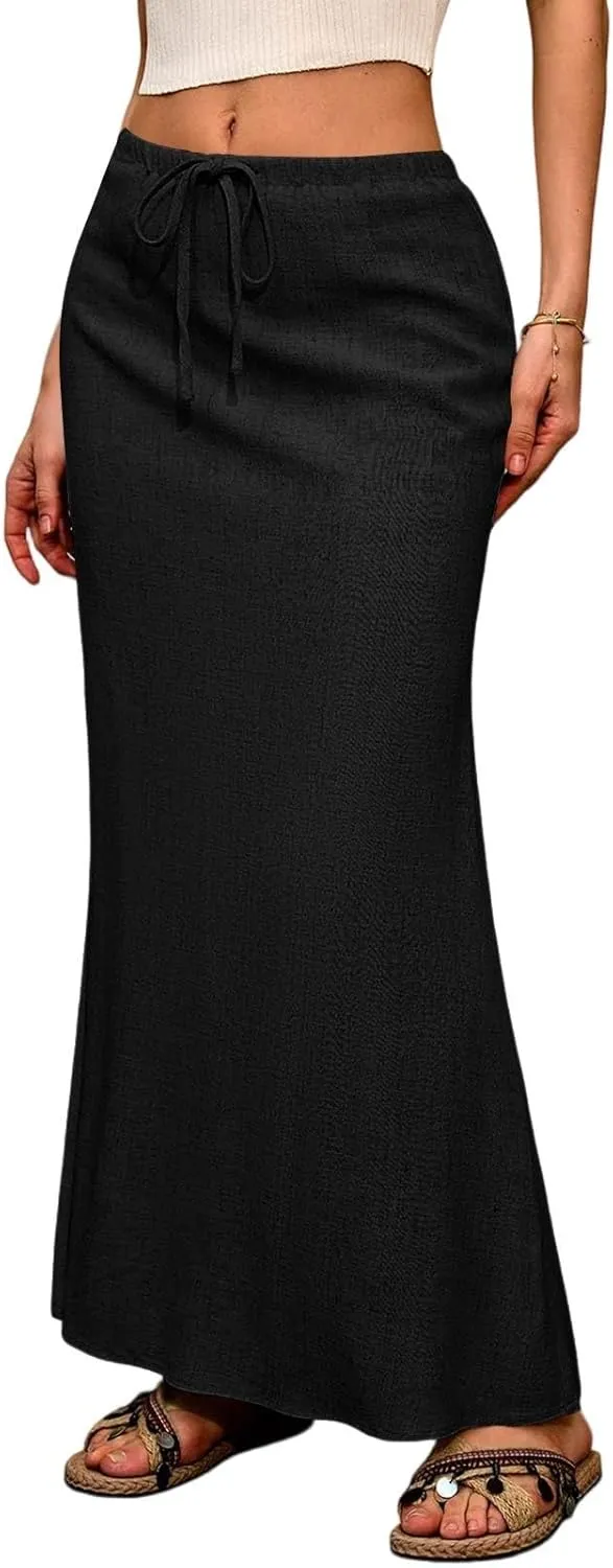 Linen Flared Maxi Skirt with Back Slit Elastic Waist Drawstring Long Flowy Beach Vaction Ankle-Length Skirt