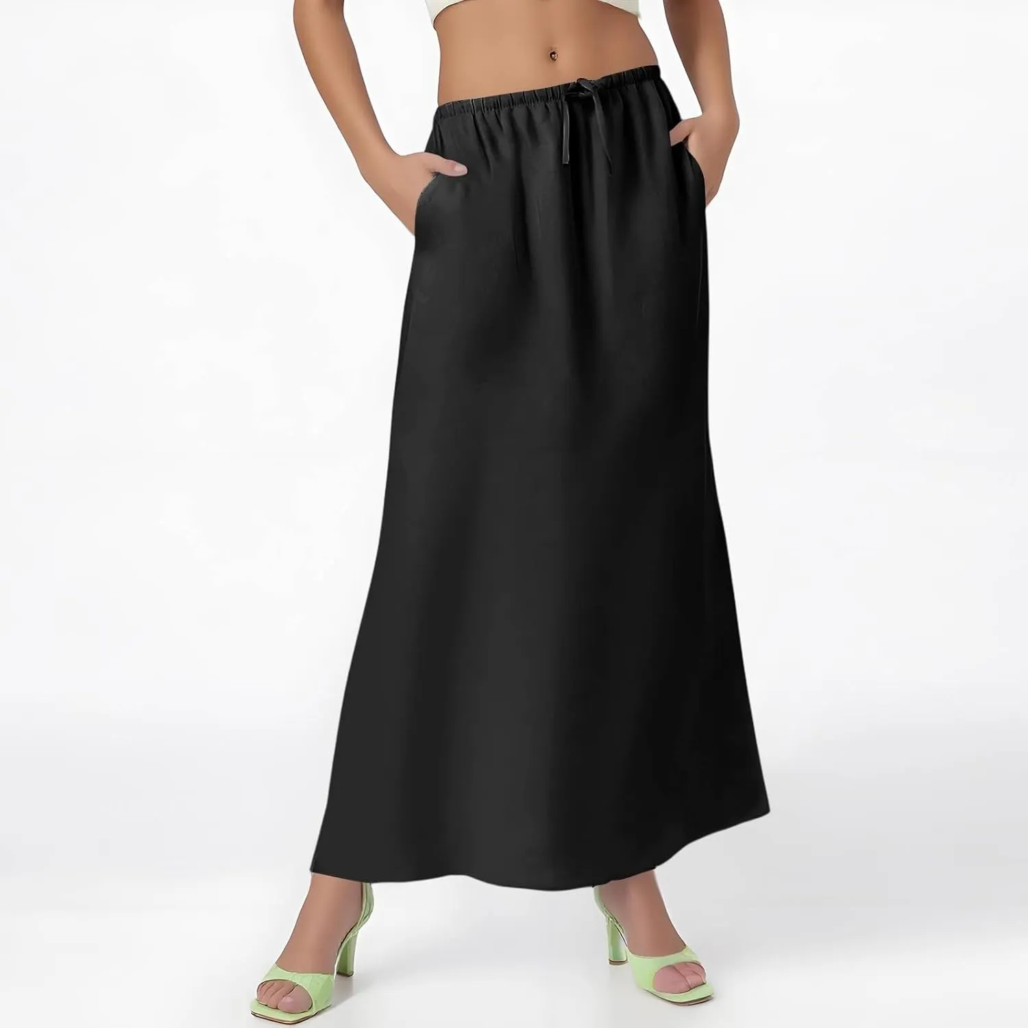 Linen Flared Maxi Skirt with Back Slit Elastic Waist Drawstring Long Flowy Beach Vaction Ankle-Length Skirt