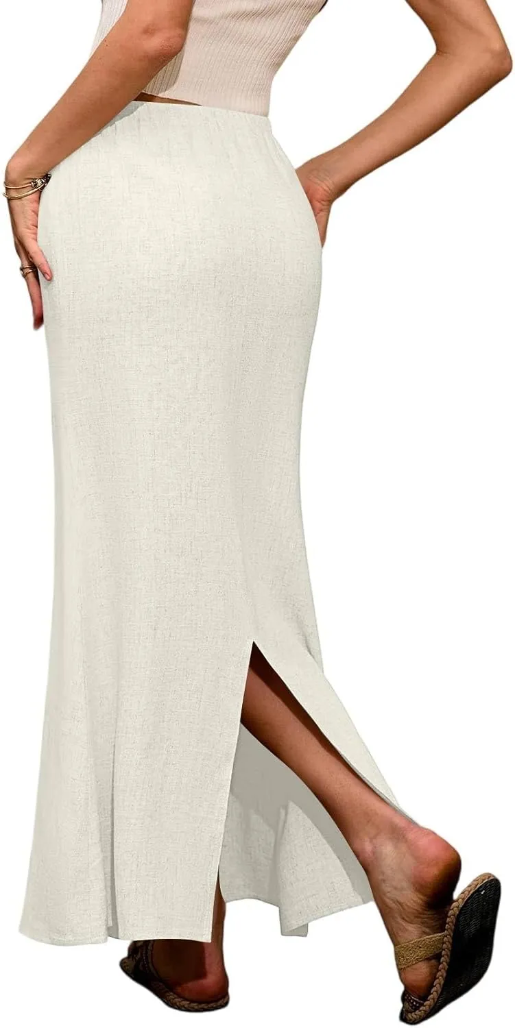 Linen Flared Maxi Skirt with Back Slit Elastic Waist Drawstring Long Flowy Beach Vaction Ankle-Length Skirt