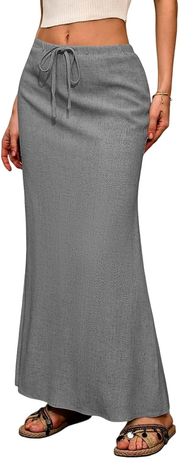 Linen Flared Maxi Skirt with Back Slit Elastic Waist Drawstring Long Flowy Beach Vaction Ankle-Length Skirt
