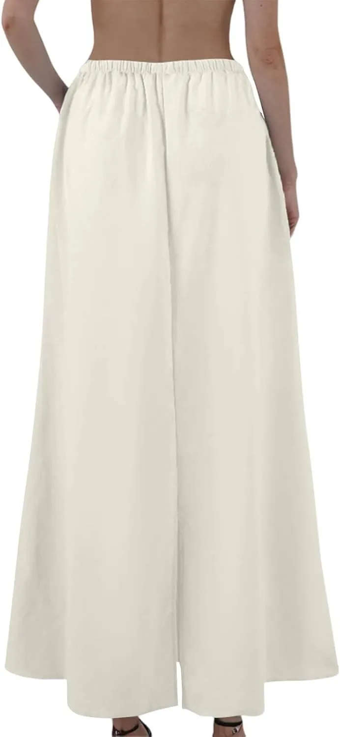 Linen Flared Maxi Skirt with Back Slit Elastic Waist Drawstring Long Flowy Beach Vaction Ankle-Length Skirt