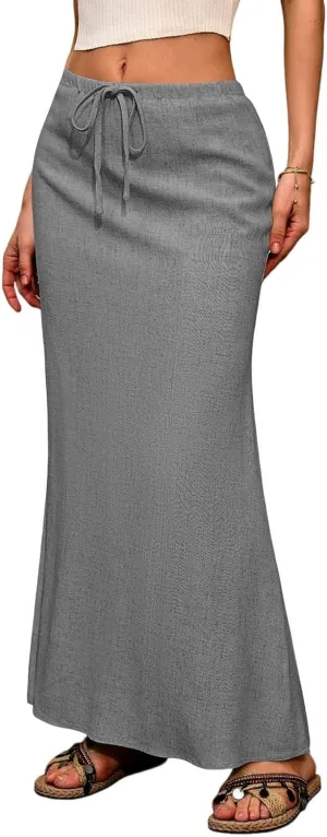Linen Flared Maxi Skirt with Back Slit Elastic Waist Drawstring Long Flowy Beach Vaction Ankle-Length Skirt