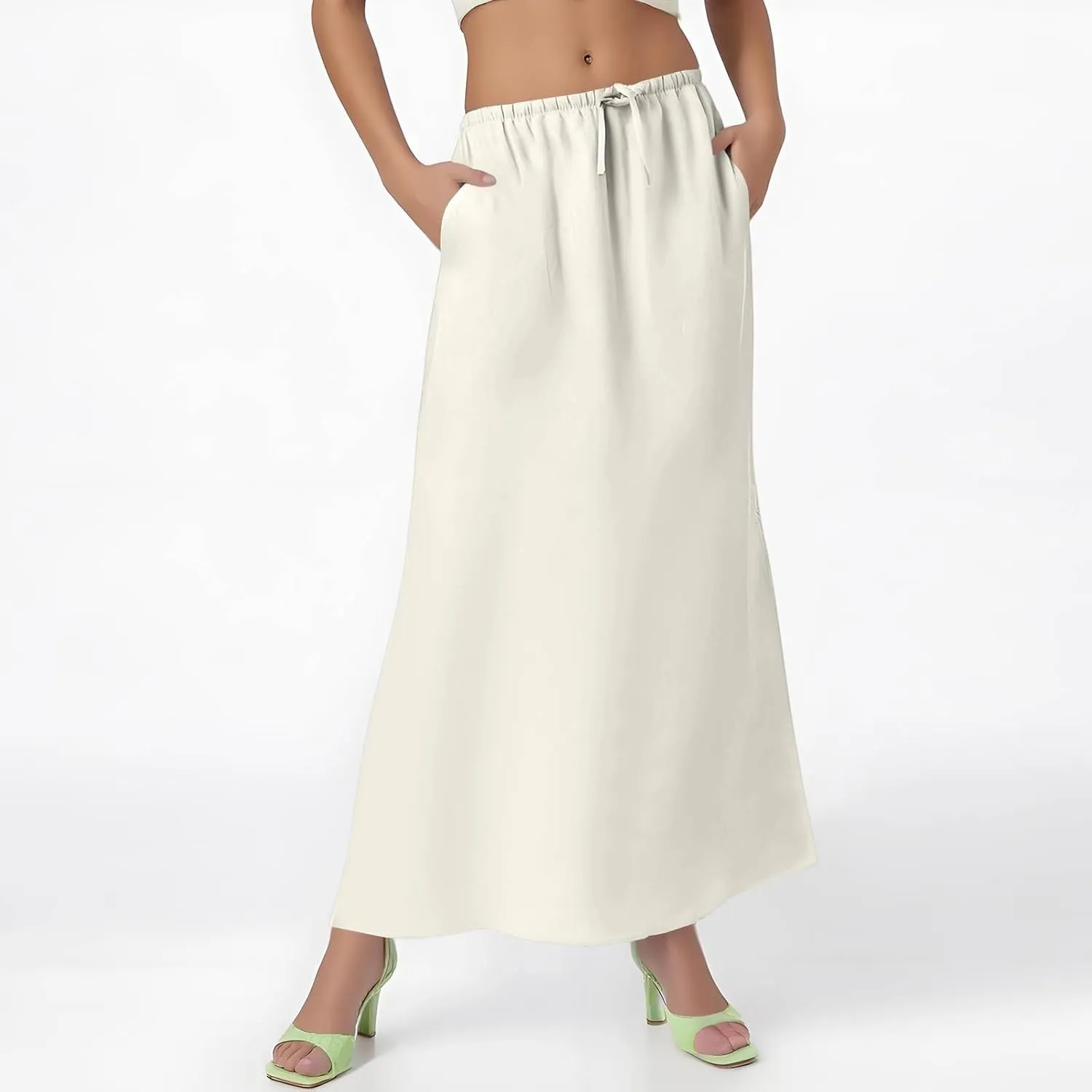 Linen Flared Maxi Skirt with Back Slit Elastic Waist Drawstring Long Flowy Beach Vaction Ankle-Length Skirt