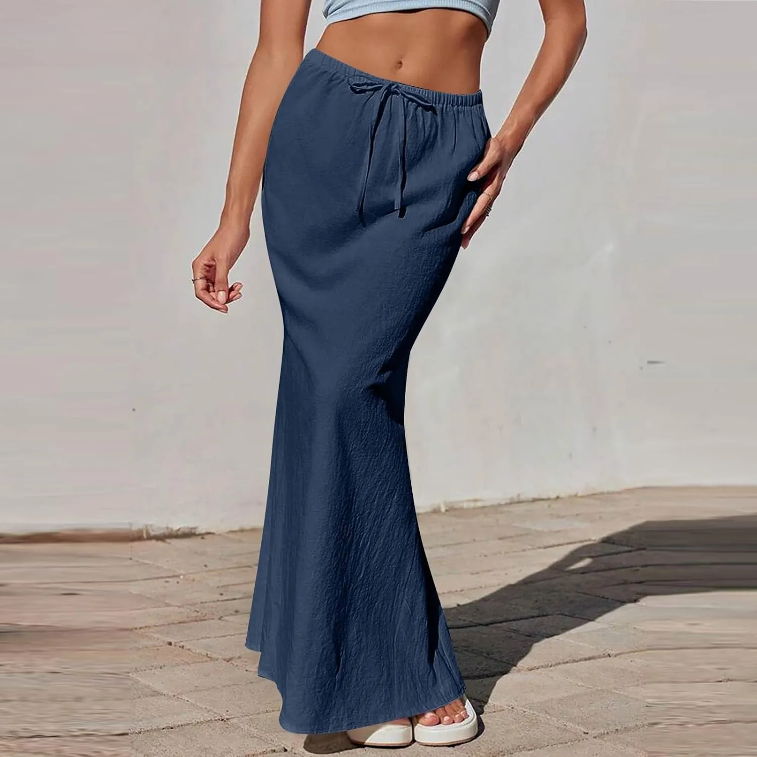 Linen Flared Maxi Skirt with Back Slit Elastic Waist Drawstring Long Flowy Beach Vaction Ankle-Length Skirt