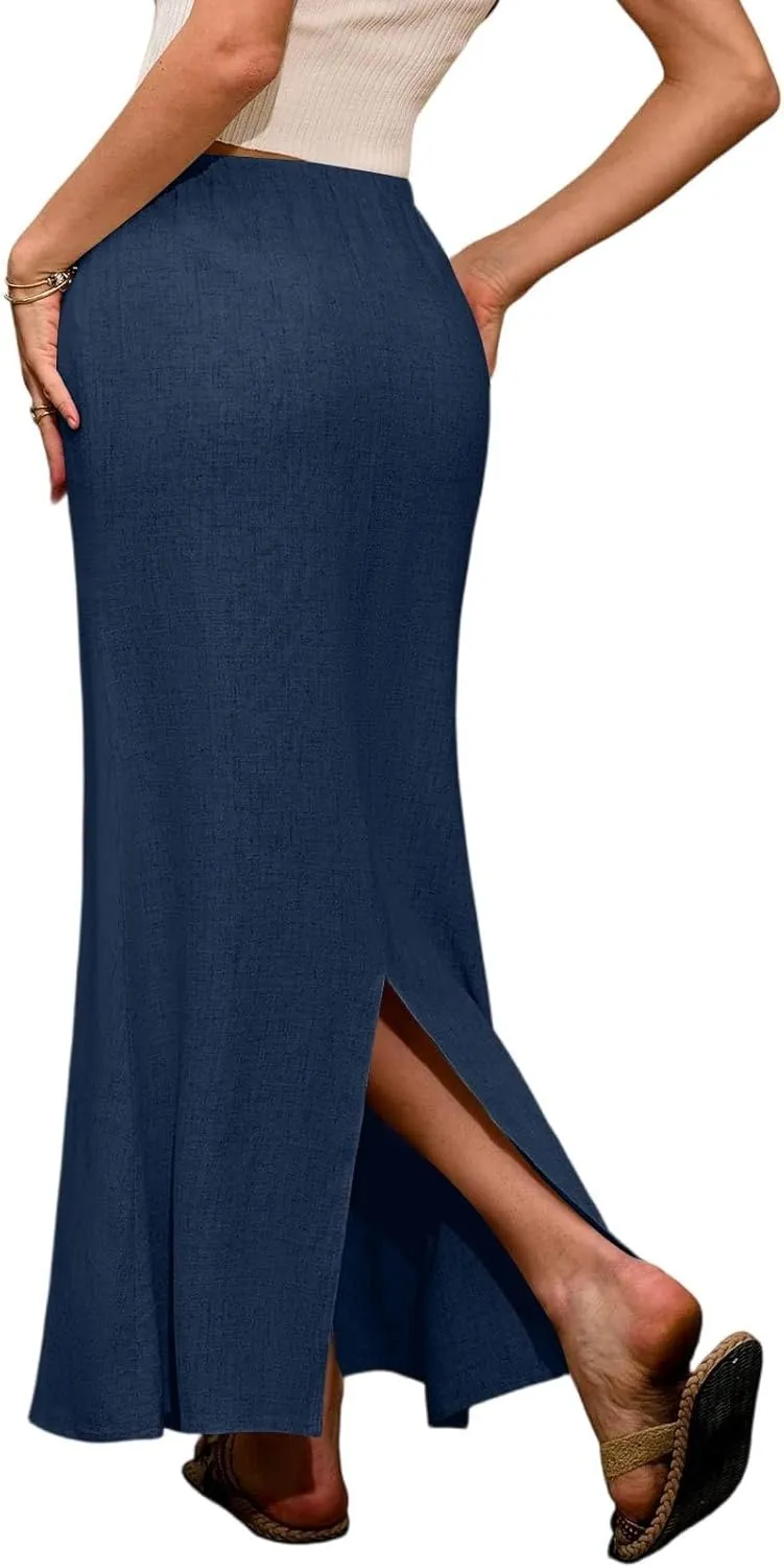 Linen Flared Maxi Skirt with Back Slit Elastic Waist Drawstring Long Flowy Beach Vaction Ankle-Length Skirt