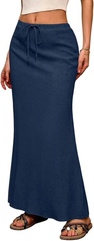 Linen Flared Maxi Skirt with Back Slit Elastic Waist Drawstring Long Flowy Beach Vaction Ankle-Length Skirt