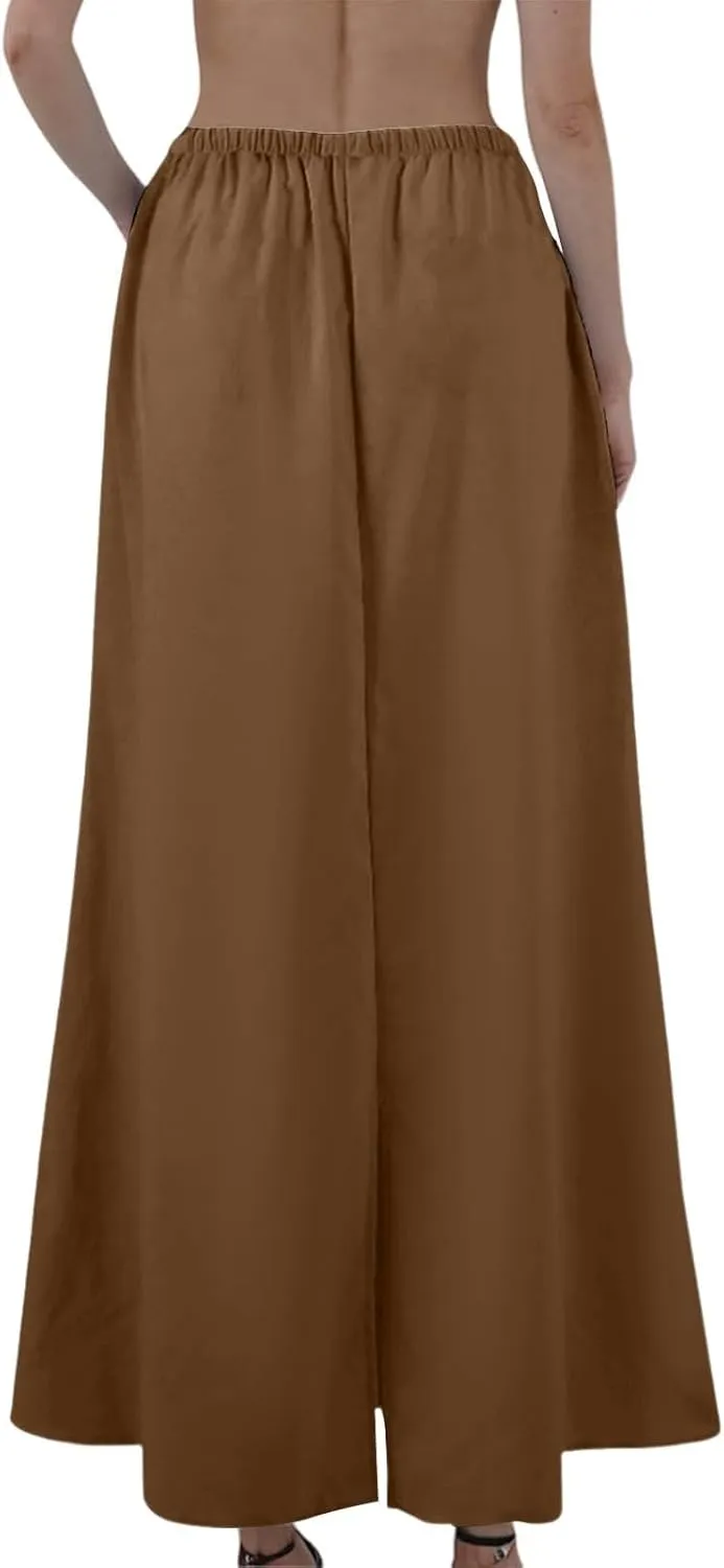 Linen Flared Maxi Skirt with Back Slit Elastic Waist Drawstring Long Flowy Beach Vaction Ankle-Length Skirt