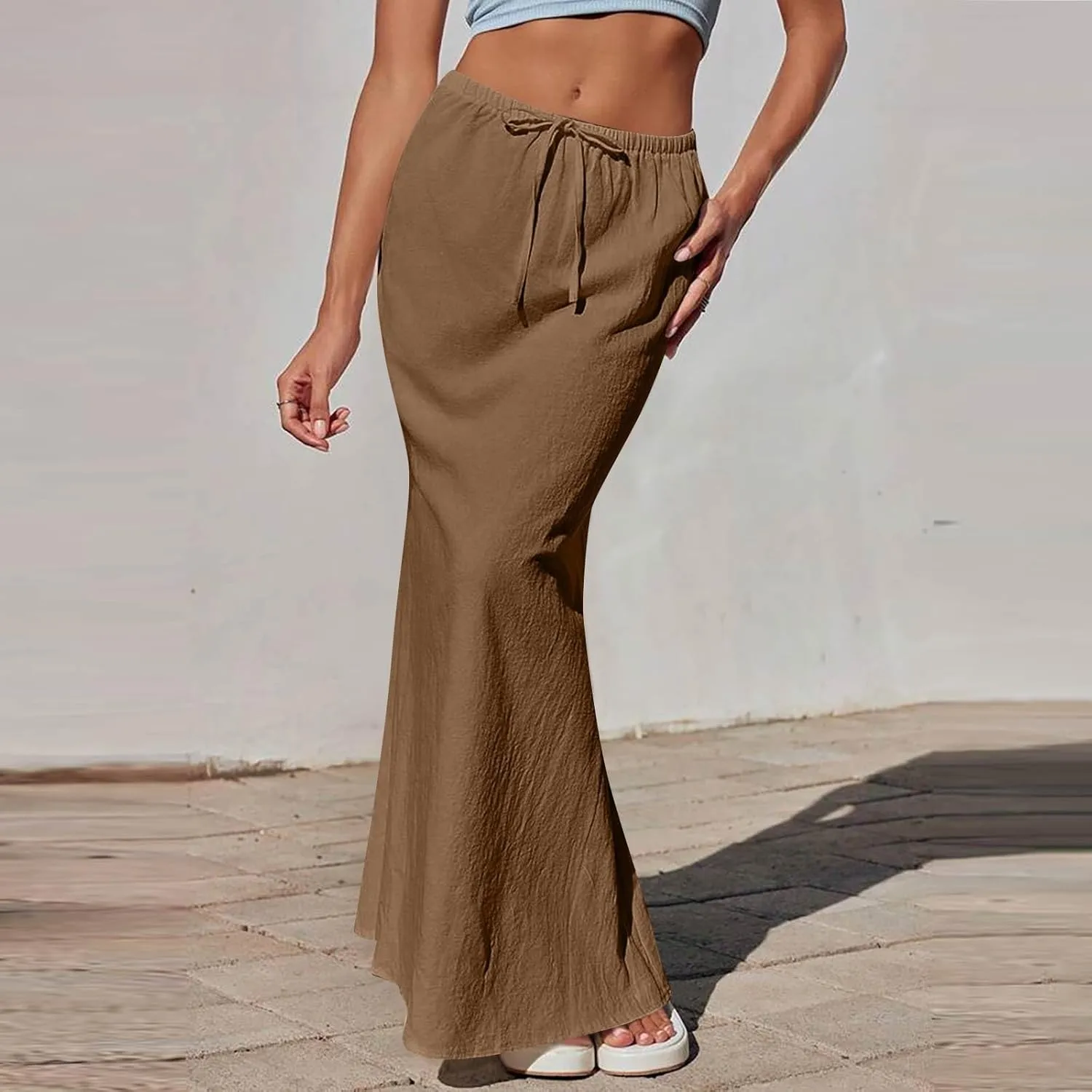 Linen Flared Maxi Skirt with Back Slit Elastic Waist Drawstring Long Flowy Beach Vaction Ankle-Length Skirt