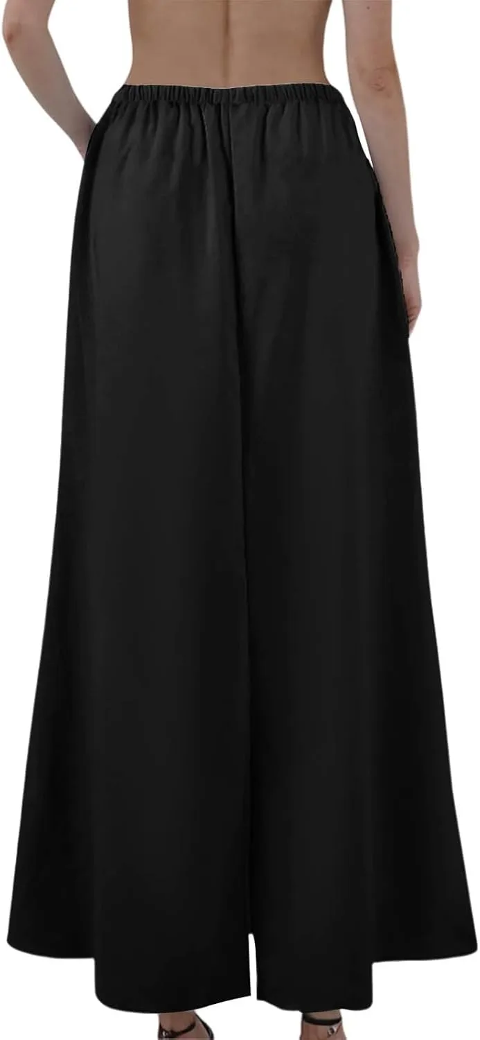 Linen Flared Maxi Skirt with Back Slit Elastic Waist Drawstring Long Flowy Beach Vaction Ankle-Length Skirt