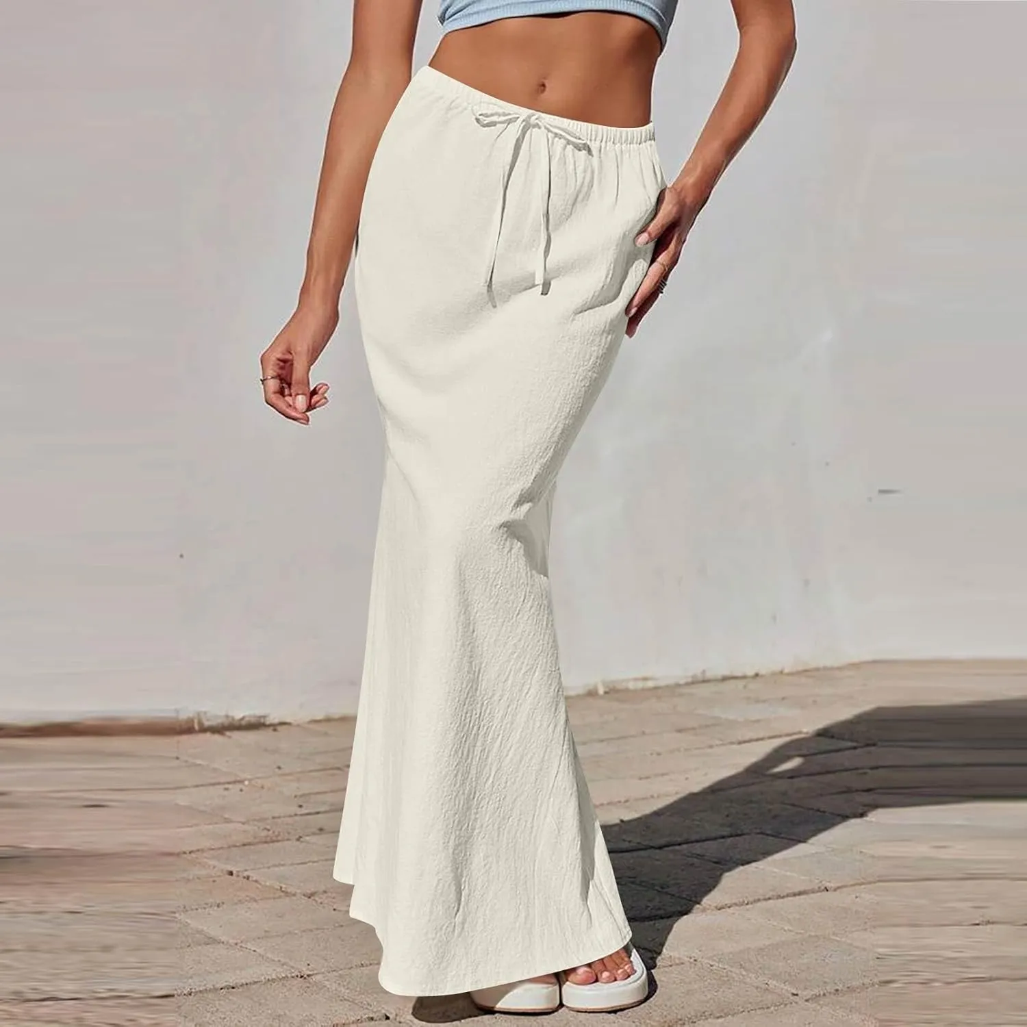 Linen Flared Maxi Skirt with Back Slit Elastic Waist Drawstring Long Flowy Beach Vaction Ankle-Length Skirt