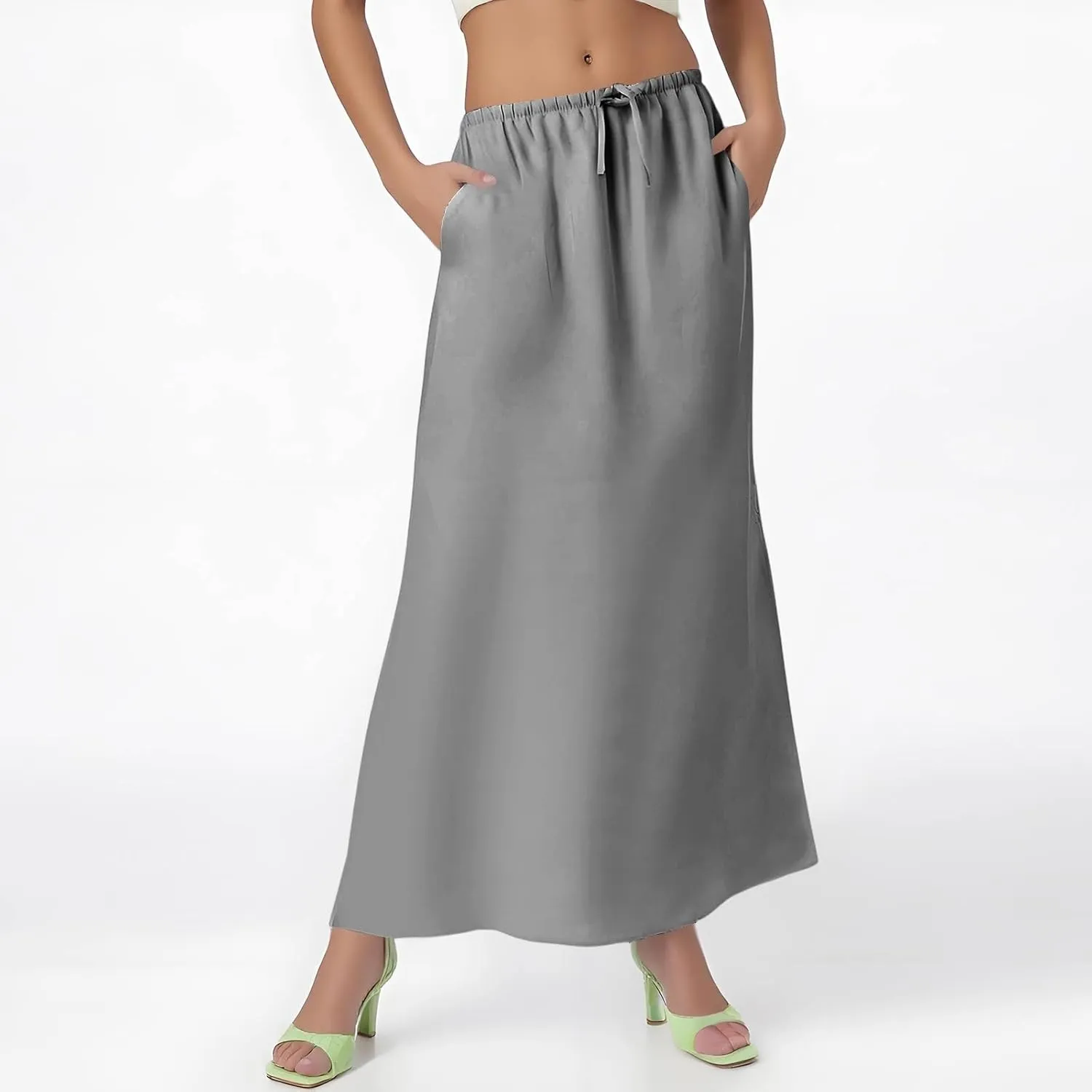 Linen Flared Maxi Skirt with Back Slit Elastic Waist Drawstring Long Flowy Beach Vaction Ankle-Length Skirt