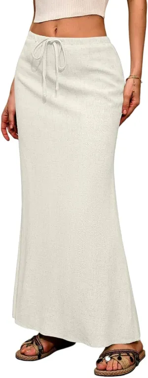 Linen Flared Maxi Skirt with Back Slit Elastic Waist Drawstring Long Flowy Beach Vaction Ankle-Length Skirt