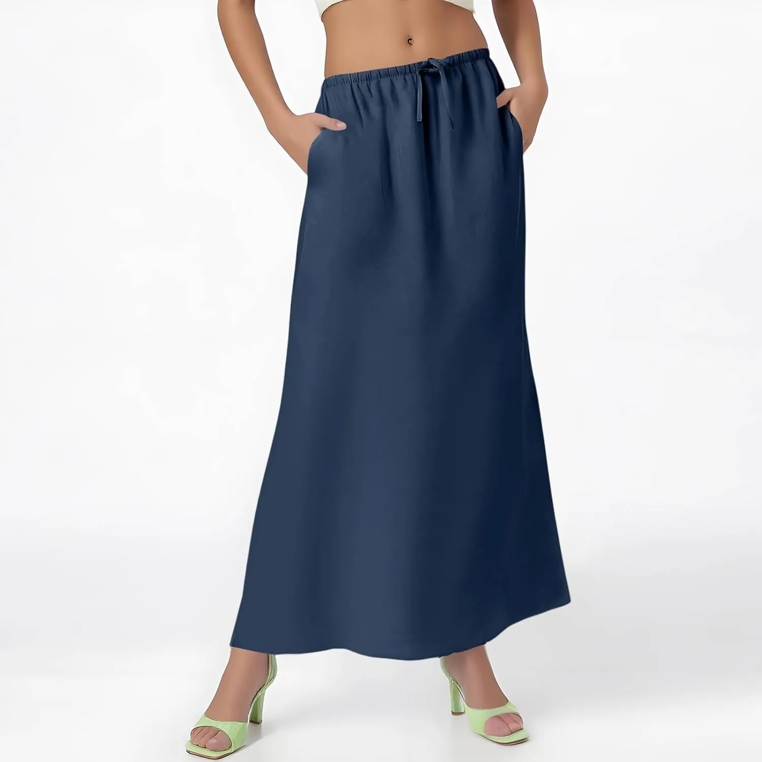 Linen Flared Maxi Skirt with Back Slit Elastic Waist Drawstring Long Flowy Beach Vaction Ankle-Length Skirt
