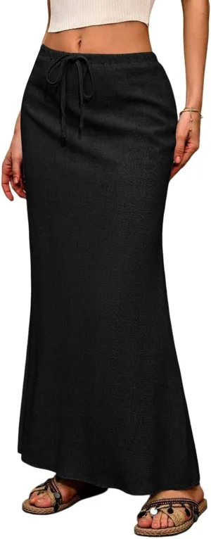 Linen Flared Maxi Skirt with Back Slit Elastic Waist Drawstring Long Flowy Beach Vaction Ankle-Length Skirt