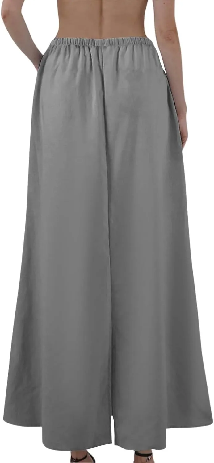 Linen Flared Maxi Skirt with Back Slit Elastic Waist Drawstring Long Flowy Beach Vaction Ankle-Length Skirt