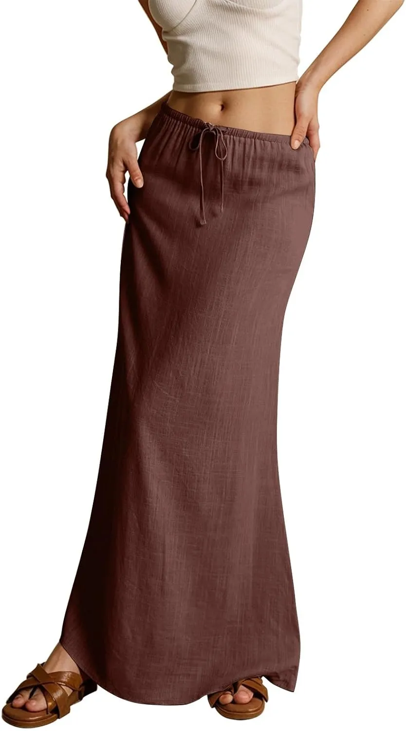 Linen Long Flowy Skirts for Women Trendy Summer Boho Flowy A Line Maxi Skirts Drawstring Low Waisted Beach Vacation Outfits