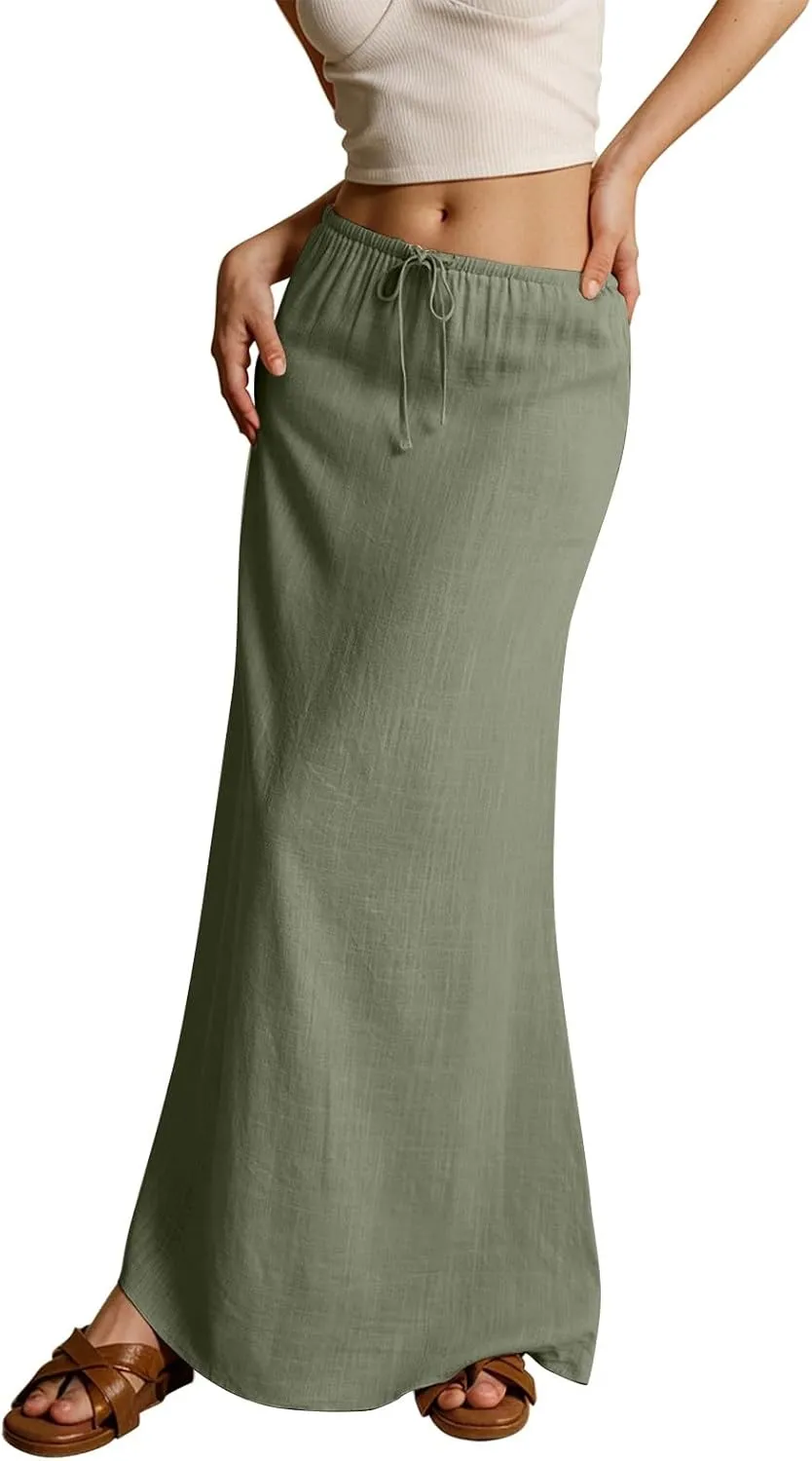 Linen Long Flowy Skirts for Women Trendy Summer Boho Flowy A Line Maxi Skirts Drawstring Low Waisted Beach Vacation Outfits