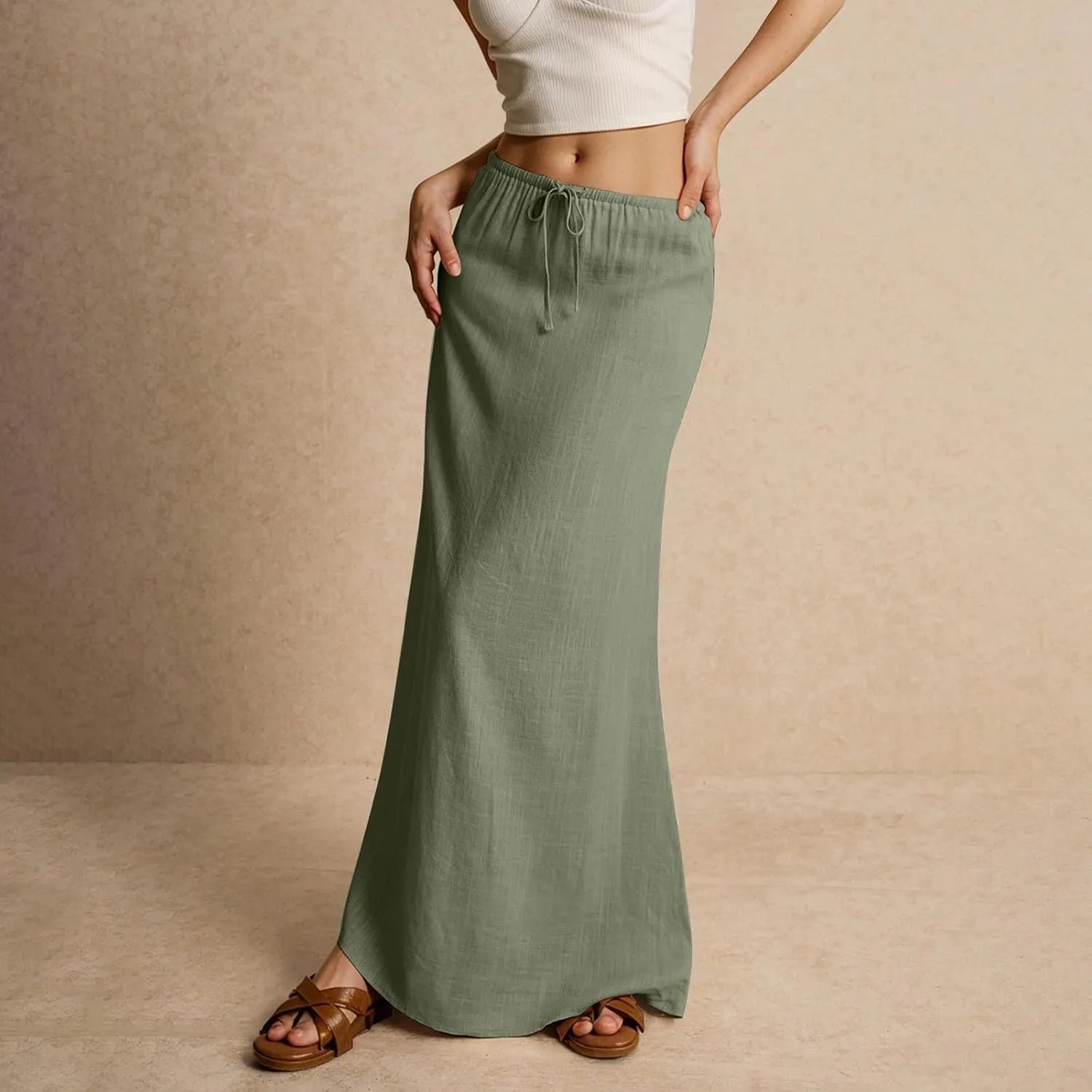 Linen Long Flowy Skirts for Women Trendy Summer Boho Flowy A Line Maxi Skirts Drawstring Low Waisted Beach Vacation Outfits