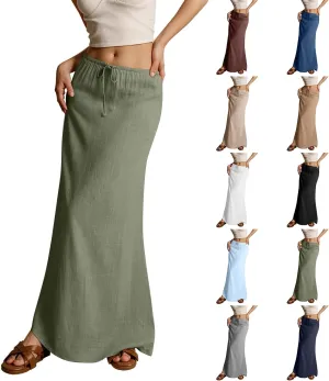 Linen Long Flowy Skirts for Women Trendy Summer Boho Flowy A Line Maxi Skirts Drawstring Low Waisted Beach Vacation Outfits