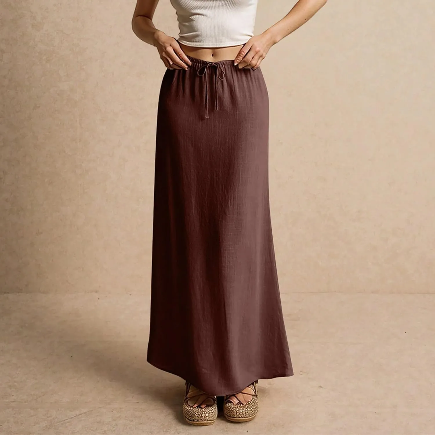 Linen Long Flowy Skirts for Women Trendy Summer Boho Flowy A Line Maxi Skirts Drawstring Low Waisted Beach Vacation Outfits