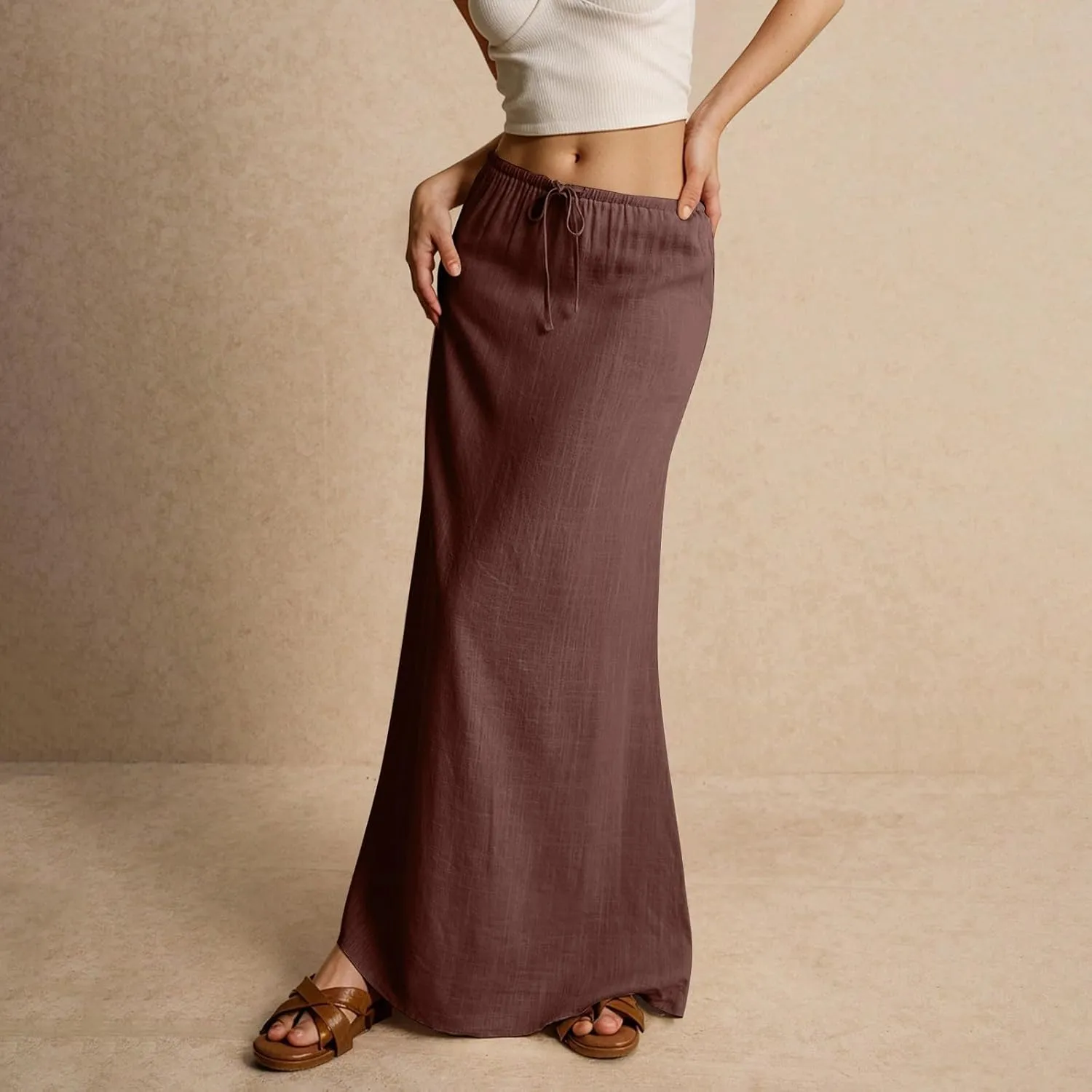 Linen Long Flowy Skirts for Women Trendy Summer Boho Flowy A Line Maxi Skirts Drawstring Low Waisted Beach Vacation Outfits