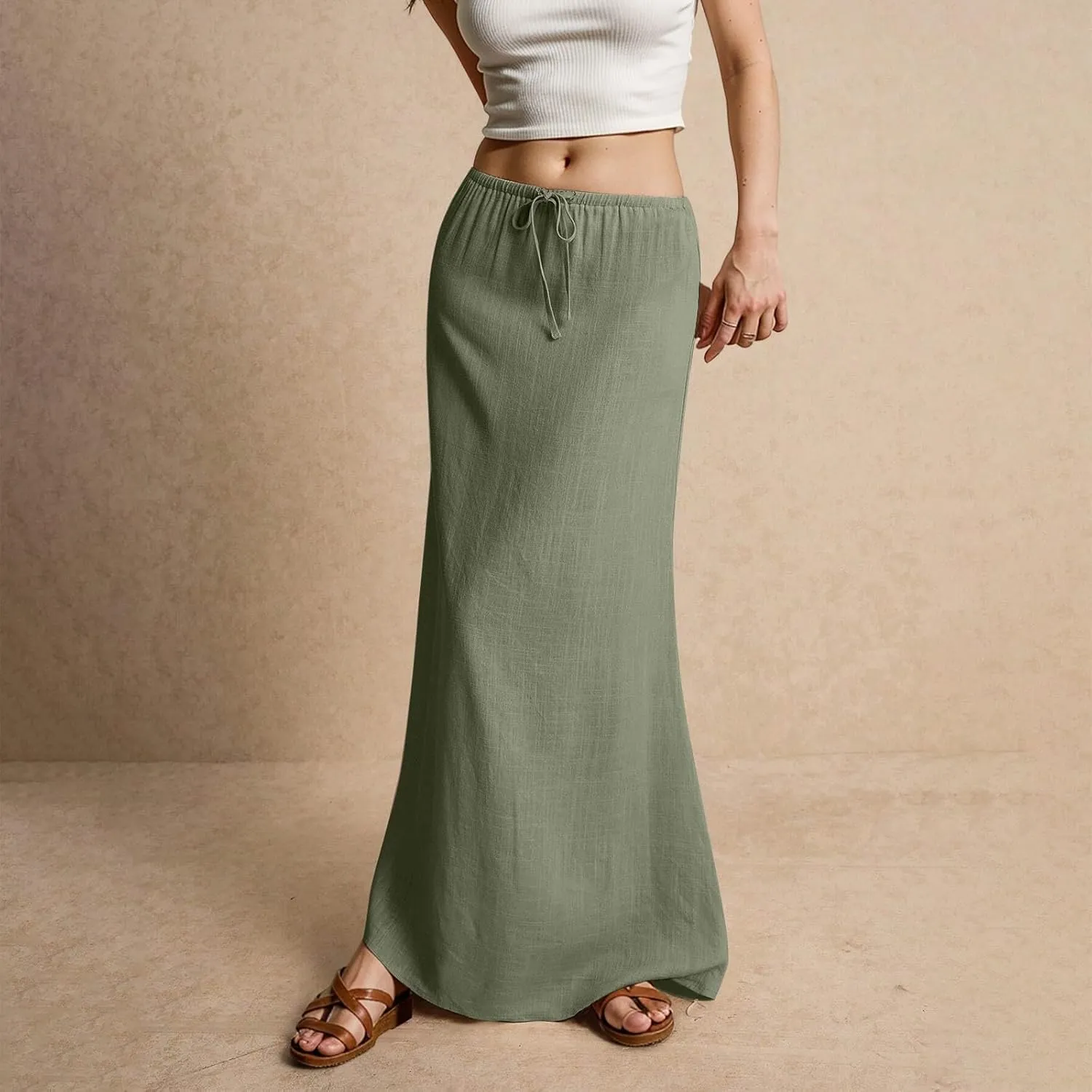 Linen Long Flowy Skirts for Women Trendy Summer Boho Flowy A Line Maxi Skirts Drawstring Low Waisted Beach Vacation Outfits