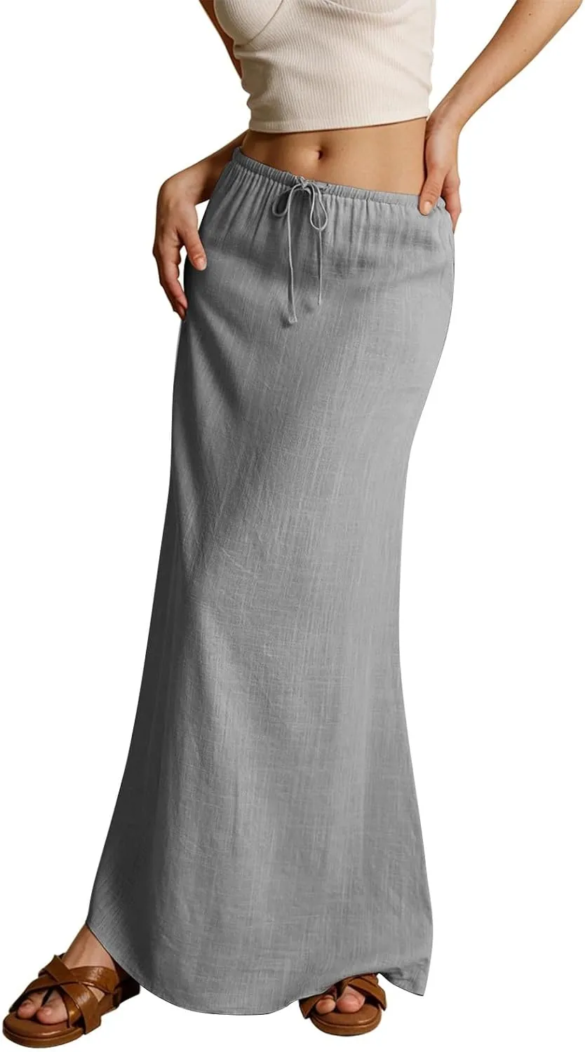 Linen Long Flowy Skirts for Women Trendy Summer Boho Flowy A Line Maxi Skirts Drawstring Low Waisted Beach Vacation Outfits