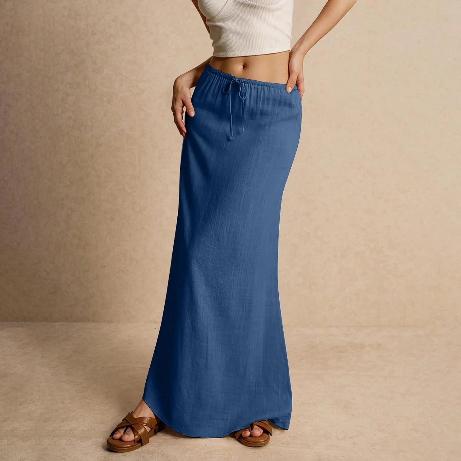 Linen Long Flowy Skirts for Women Trendy Summer Boho Flowy A Line Maxi Skirts Drawstring Low Waisted Beach Vacation Outfits