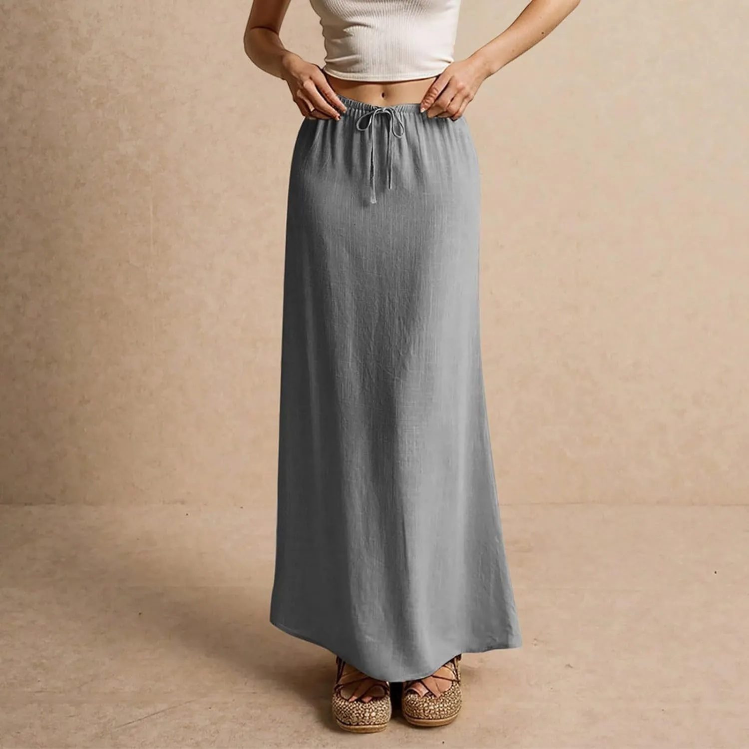 Linen Long Flowy Skirts for Women Trendy Summer Boho Flowy A Line Maxi Skirts Drawstring Low Waisted Beach Vacation Outfits