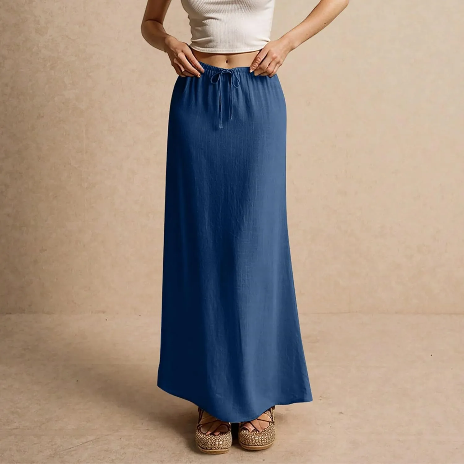 Linen Long Flowy Skirts for Women Trendy Summer Boho Flowy A Line Maxi Skirts Drawstring Low Waisted Beach Vacation Outfits