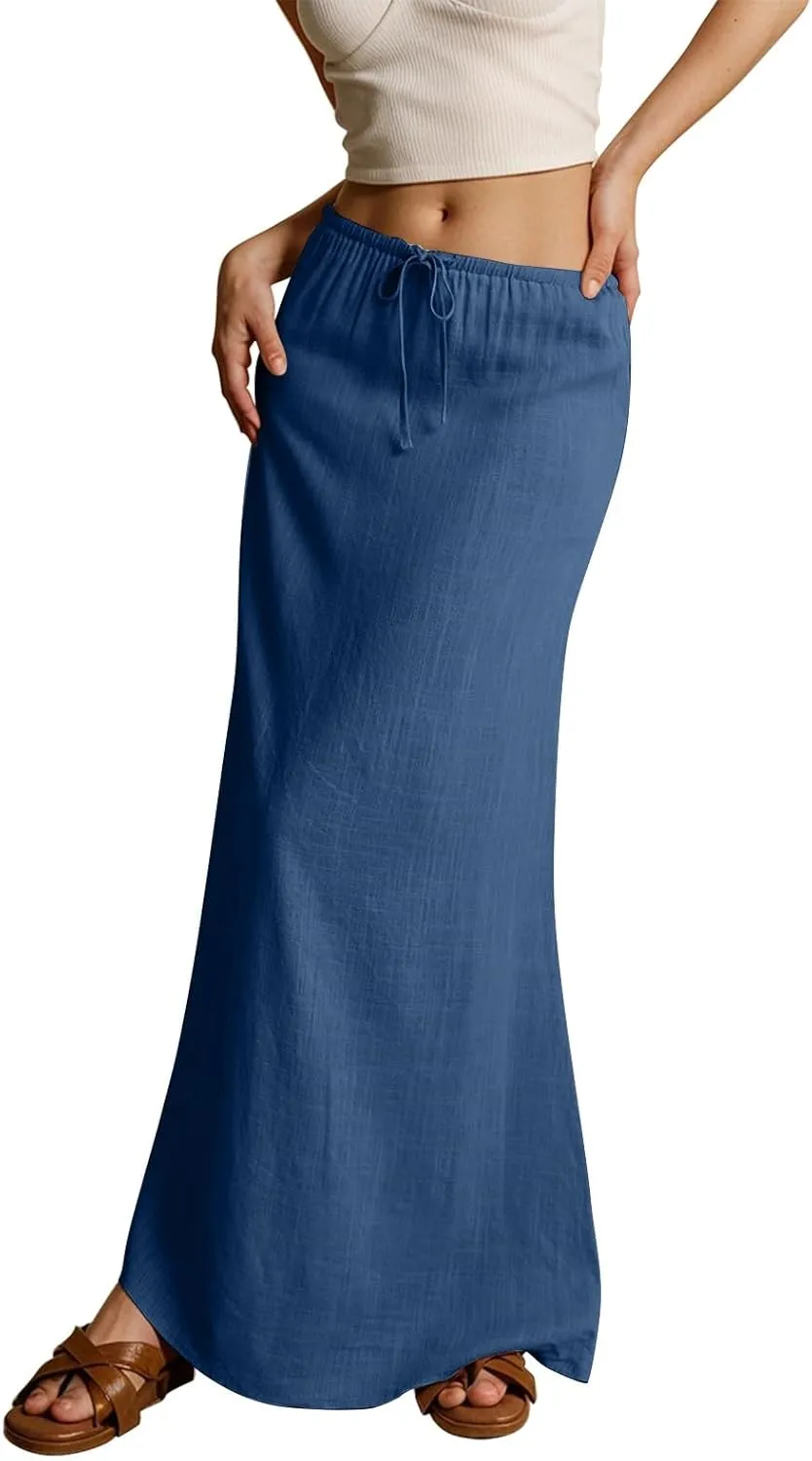 Linen Long Flowy Skirts for Women Trendy Summer Boho Flowy A Line Maxi Skirts Drawstring Low Waisted Beach Vacation Outfits