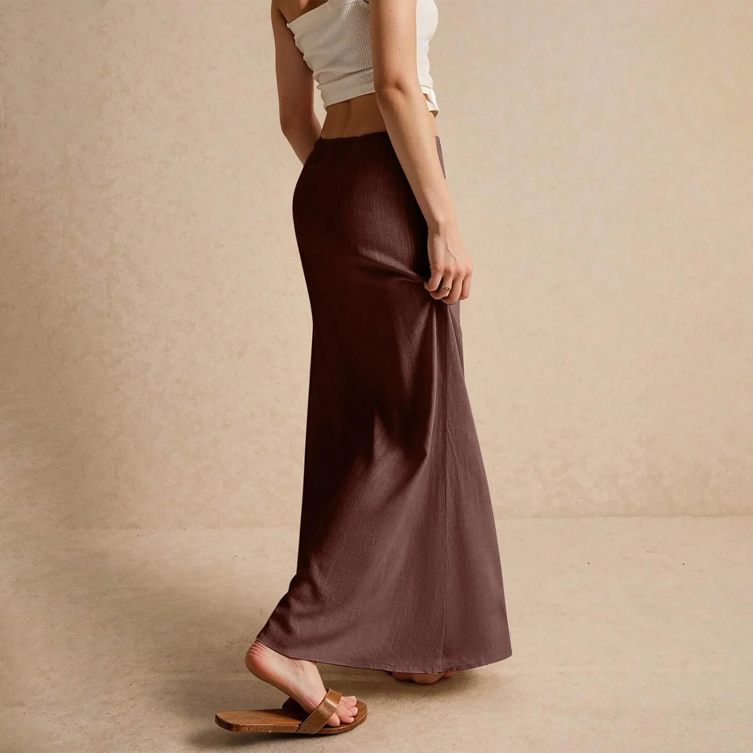 Linen Long Flowy Skirts for Women Trendy Summer Boho Flowy A Line Maxi Skirts Drawstring Low Waisted Beach Vacation Outfits