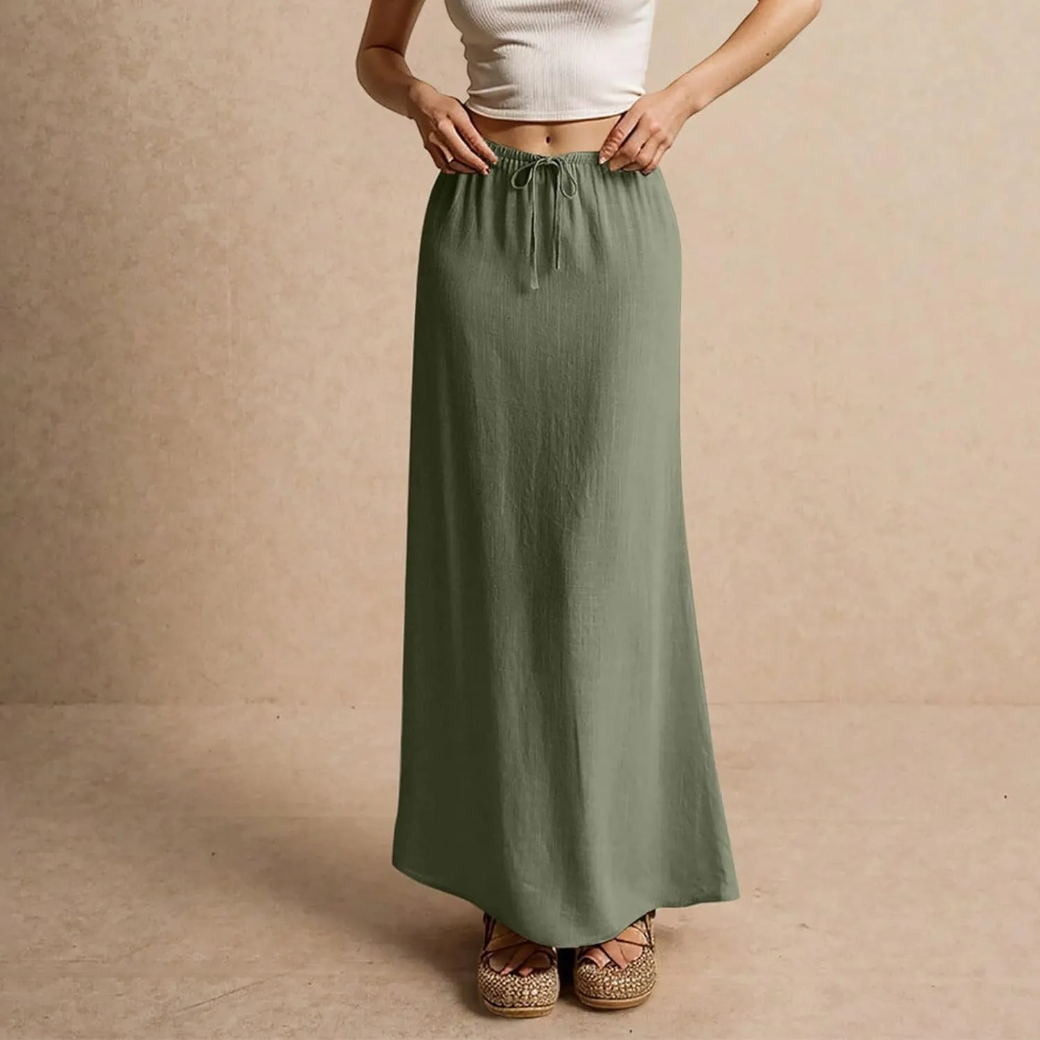 Linen Long Flowy Skirts for Women Trendy Summer Boho Flowy A Line Maxi Skirts Drawstring Low Waisted Beach Vacation Outfits